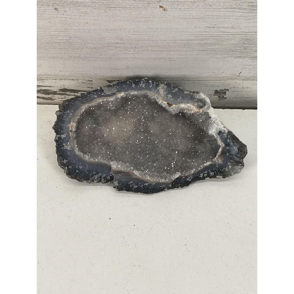 Natural Gray Quartz Geode Druzy Crystal Slice Rock Specimen Display Decor